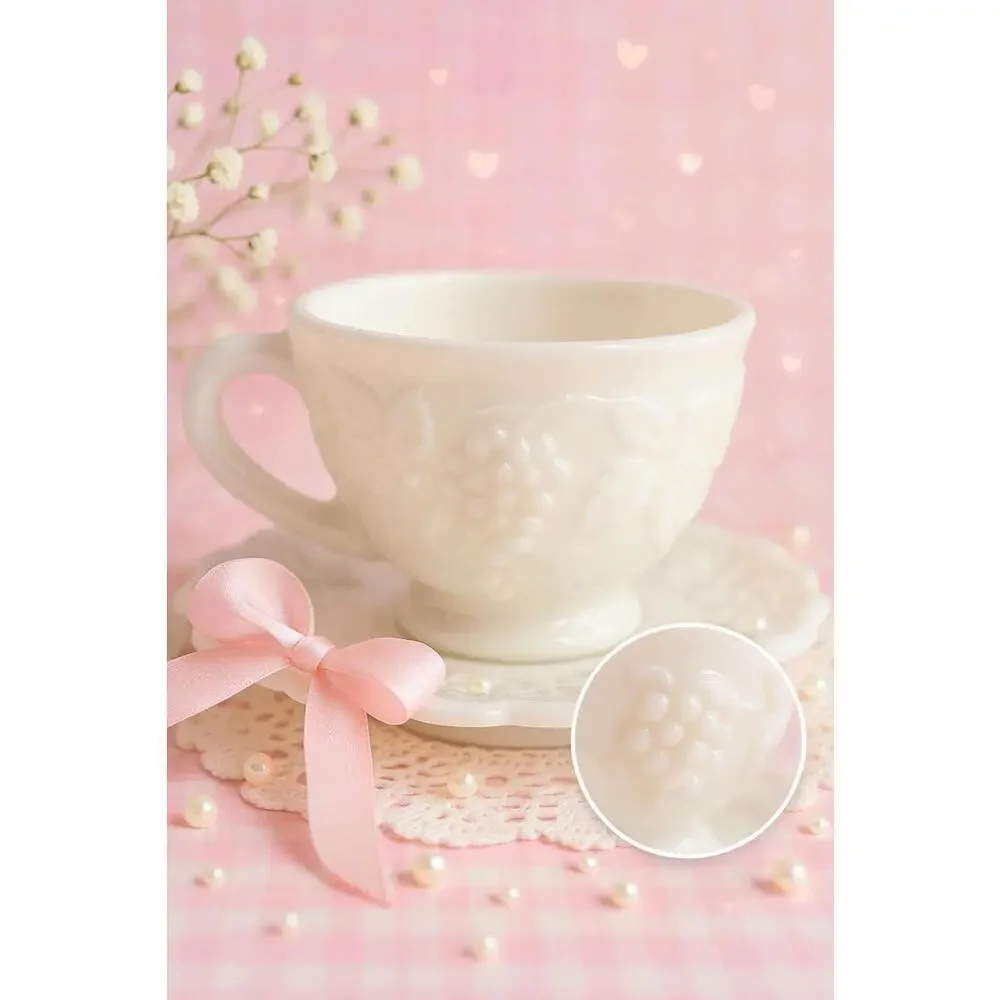 Vintage Milk Glass Teacup & Saucer Set Grapevine Relief Scalloped